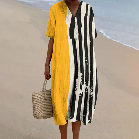 Asymmetric Pattern Print Linen Dress Yellow Maxi Baggy Dress