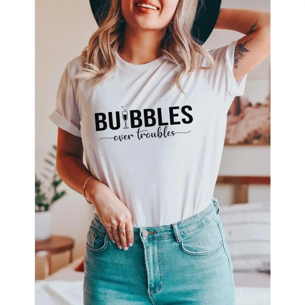 Bubbles Over Troubles T-Shirt Funny Champagne Drinking Tee