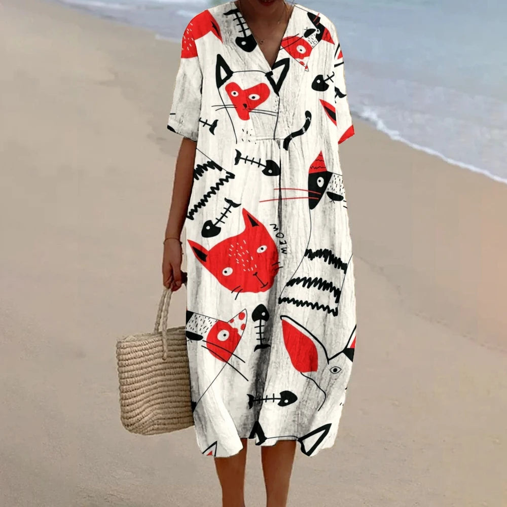 Women's Luxury Brand Vintage Print Linen Dress Casual Summer Loose Fit Long Dresses