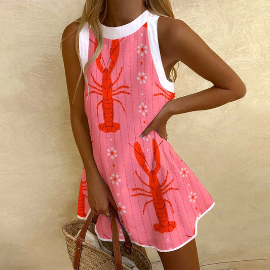 Bohemian Style Women's Crayfish Printed Sleeveless Dress 2024 Summer