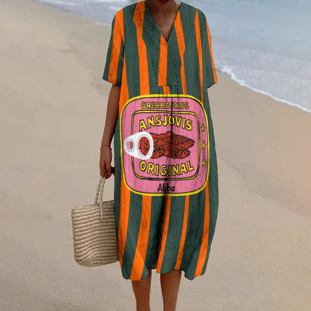 Canned Fish Print Flowy Linen Dress Bohemian Style 2024