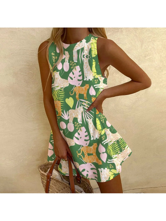 Cartoon Tiger Print Sleeveless Beach Dress Fashion Chic