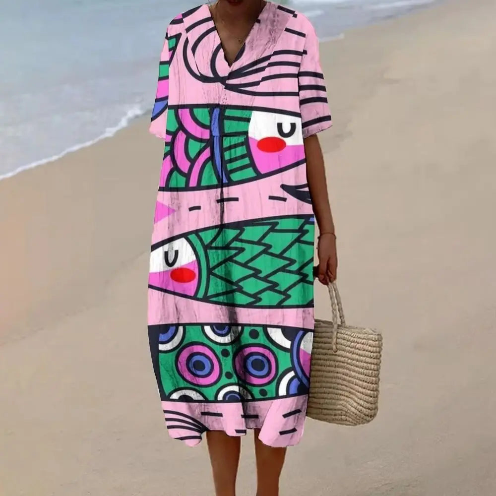 Women's Sardines Fish Print Dress Pink Autumn Holiday Dress