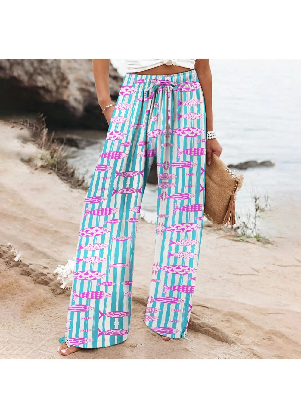 Blue Striped Casual Pants with Pink Fish Print for Women